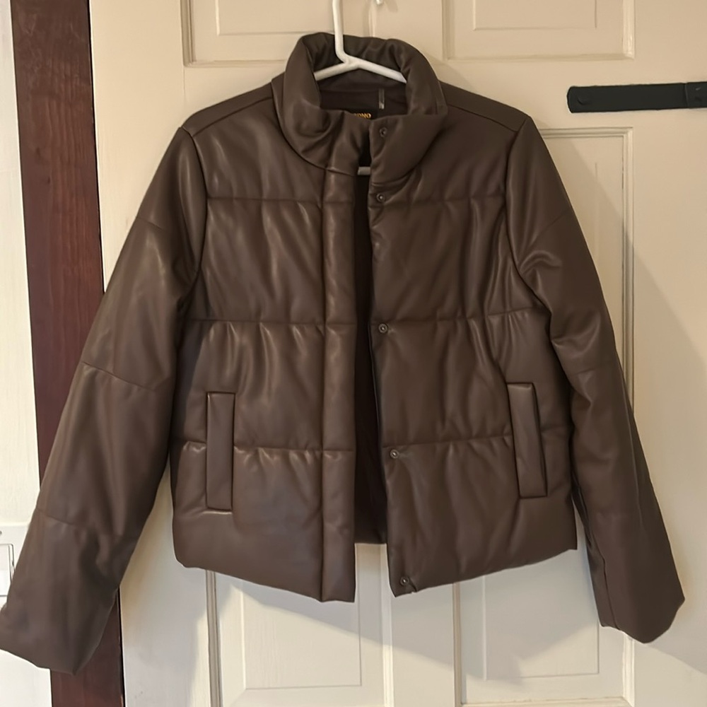 Brown Leather Puffer Jacket